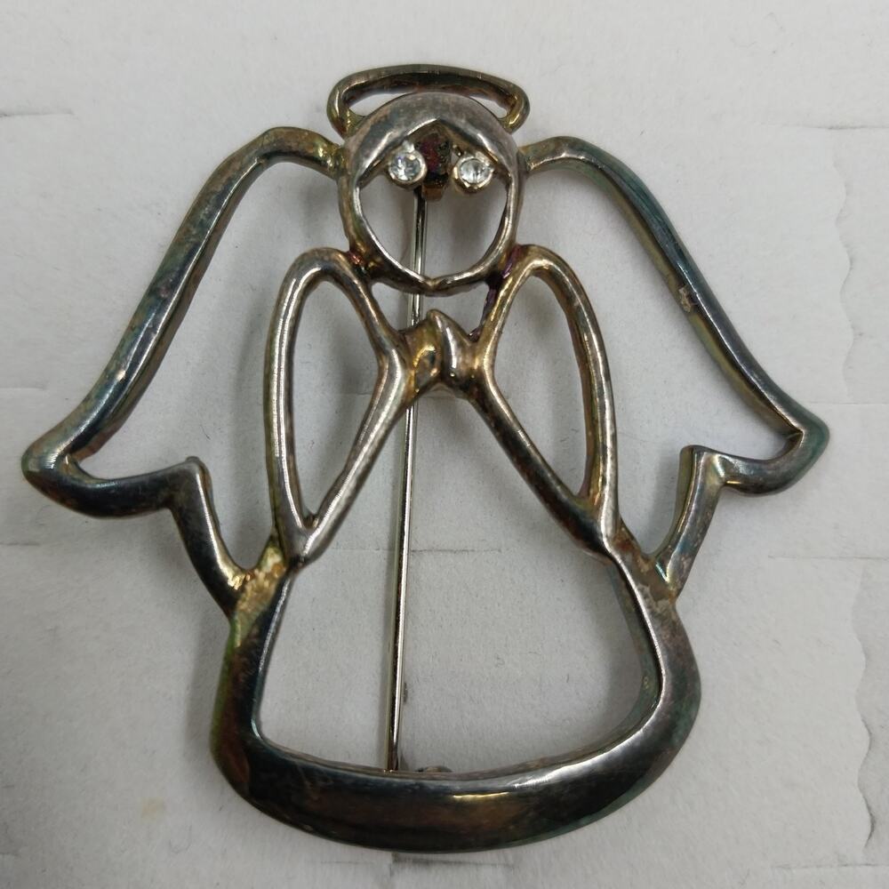 Silver Tone Openwork Angel Brooch Rhinestone Eyes Halo Pin 2" Vintage